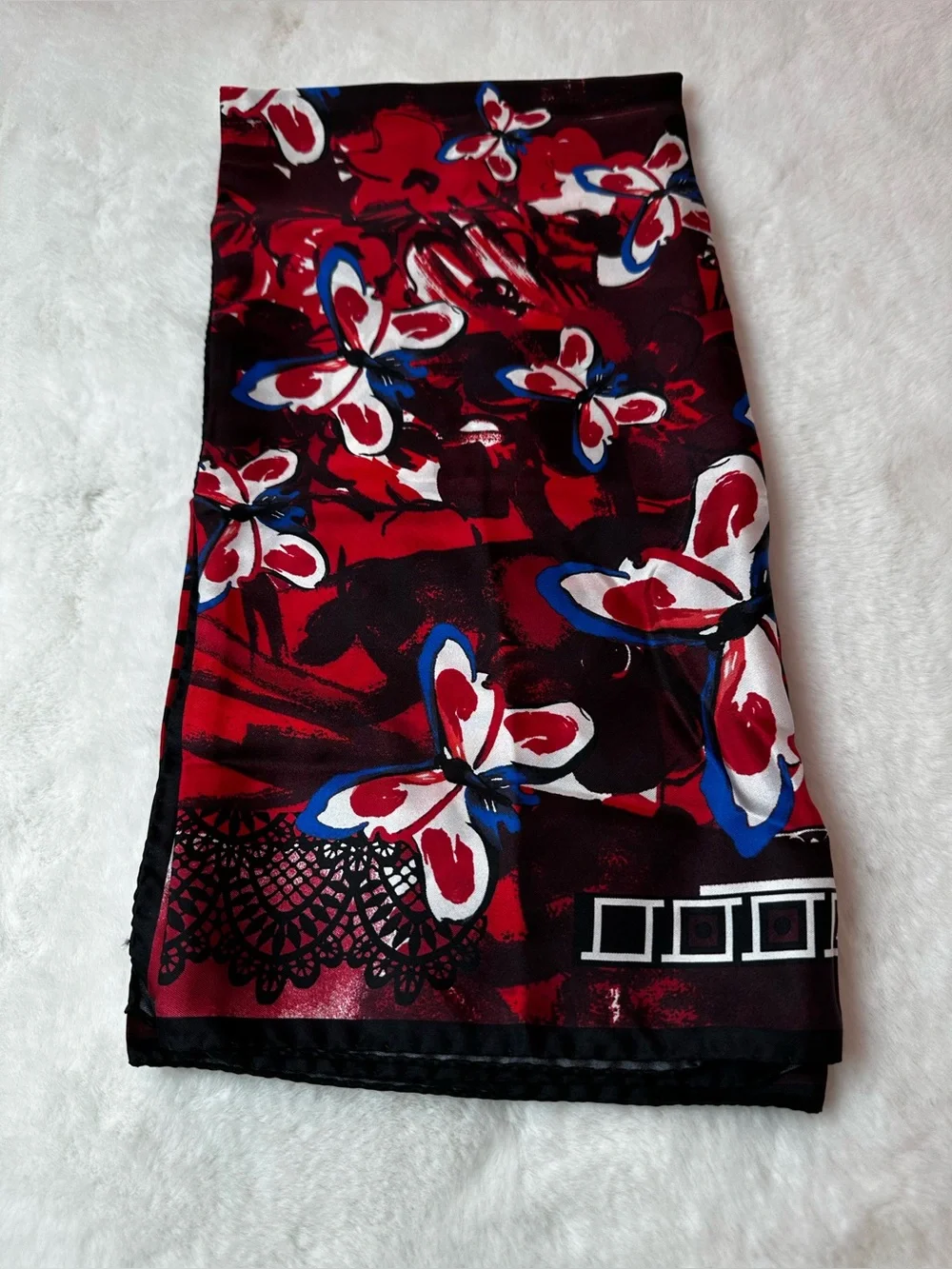 Versace Red Floral Silk-Blend Scarf with Blue & White Accents